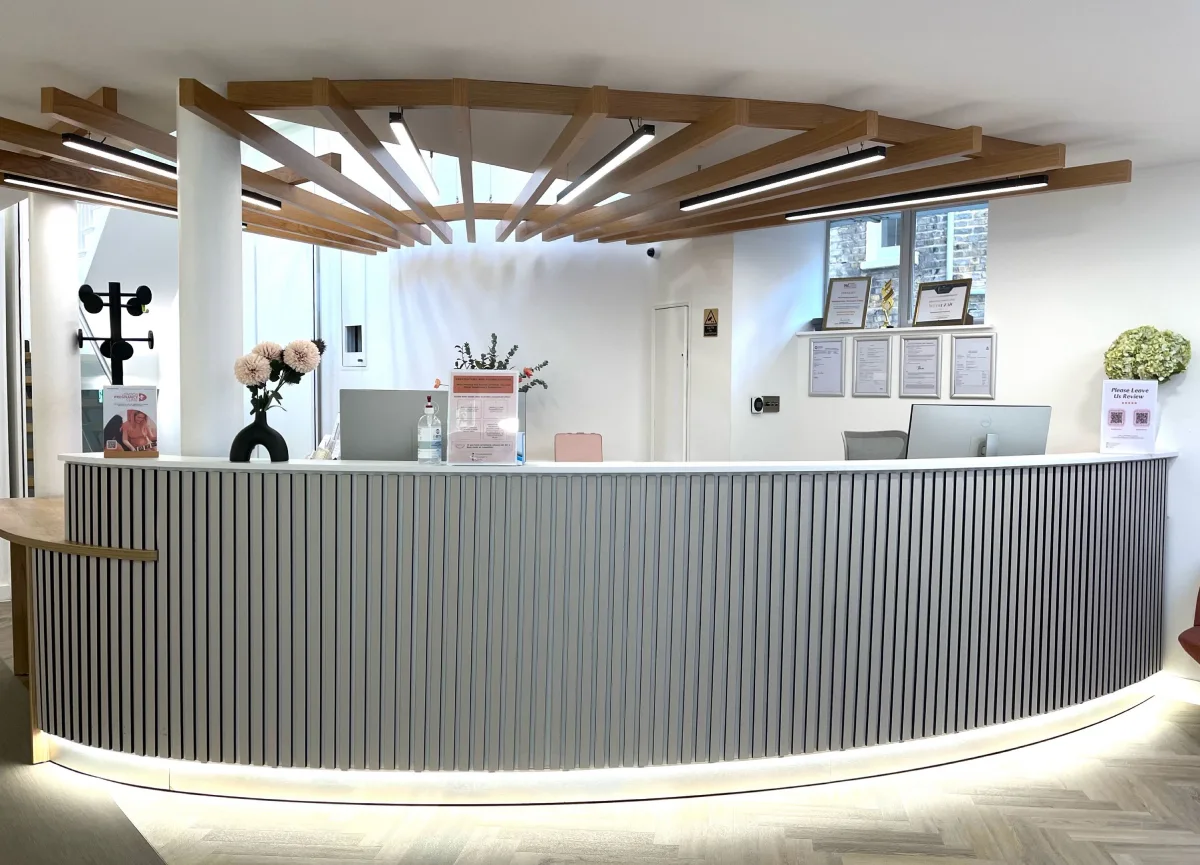 Reception area and front desk at In-DERM Skin Clinic in Chelsea, London.