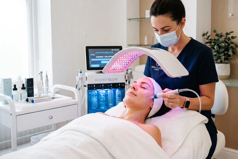 Aesthetic practitioner using a handheld facial wand under an LED light therapy canopy on a lying client.