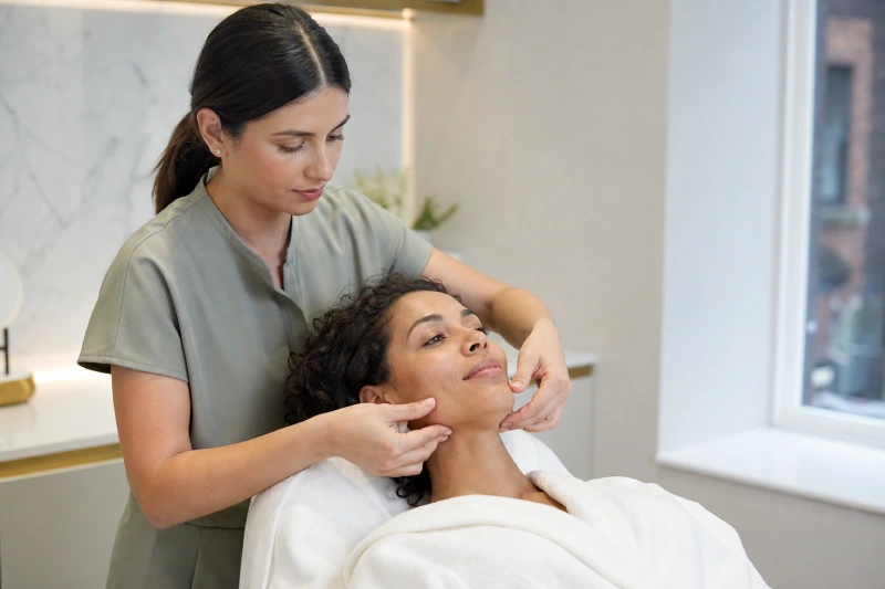 Aesthetician performing a facial jawline sculpt and lift treatment on a woman resting in a clinic.